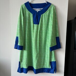 Cabana Life Green and Blue Dropped Sleeve Printed Dress - Size XL